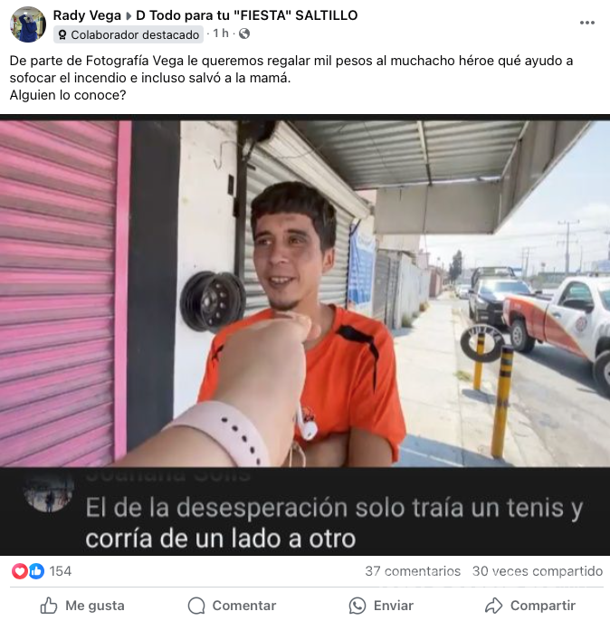 $!Fotografía Vega agradece y busca recompensar al joven héroe que arriesgó su vida para salvar a una mujer en el incendio ocurrido en la colonia Satélite Norte.