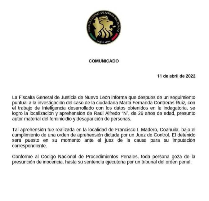 $!Localizan en Coahuila al presunto asesino de María Fernanda