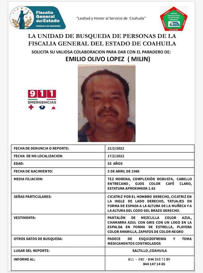 $!Saltillo: buscan a don Emilio; desapareció hace 5 días