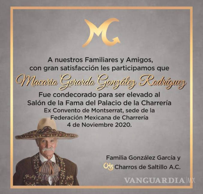 $!Macario González, ícono de la Charrería en Saltillo, será elevado al Salon de la Fama