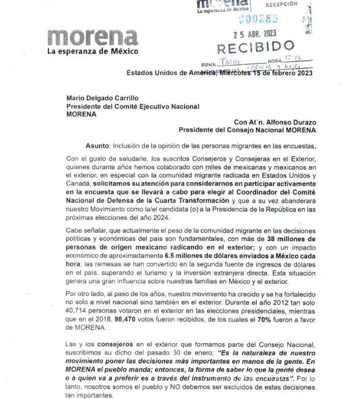 $!En el documento, las y los consejeros expresan su interés en participar en la elección del candidato por Morena.