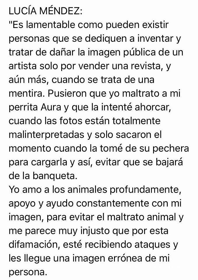 $!"Nunca he maltratado a animales", aclara Lucía Méndez