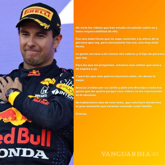 $!‘Estamos más unidos que nunca mi esposa y yo’, Checo Pérez se disculpa por “una muy mala fiesta”
