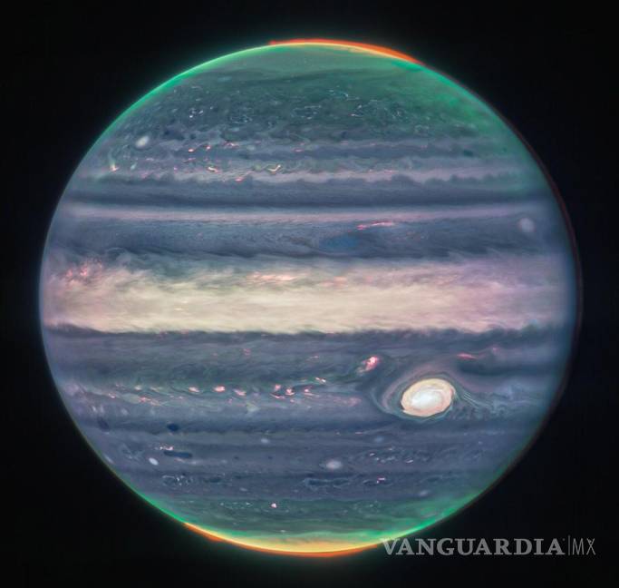 $!Una imagen compuesta de Webb NIRCam de Júpiter a partir de tres filtros y la alineación debido a la rotación del planeta.
