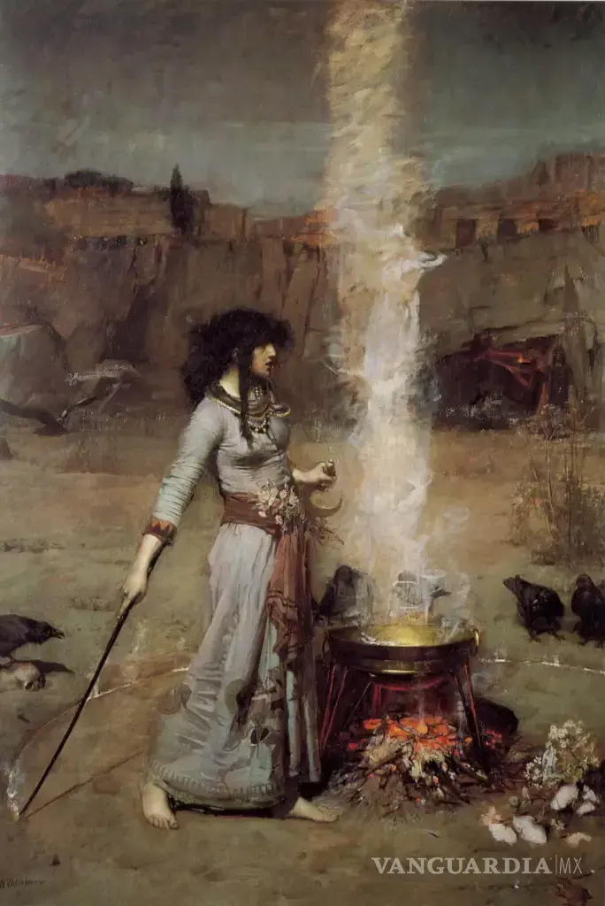 $!El círculo mágico, óleo sobre lienzo de John William Waterhouse, 1886. La obra representa a una hechicera trazando un círculo protector, evocando las tradiciones mágicas y el interés victoriano por el misterio y lo sobrenatural.