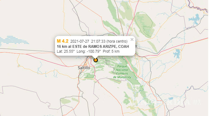 $!¡Confirman sismo magnitud 4.2 en Región Sureste de Coahuila!
