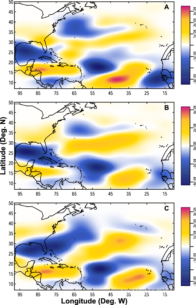 $!Mapas de diferencia de densidad de los lugares donde los ciclones tropicales se intensifican más rápidamente.