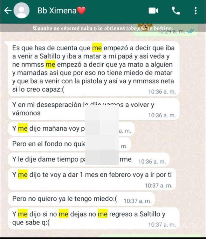 $!Continuaron las constantes amenazas que hacía a Ximena desde hace meses, diciéndole que si no se iba con él la mataría a ella y a su familia.