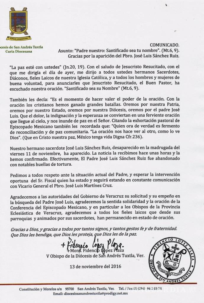 $!Localizan con vida a sacerdote de Catemaco, reporta Diócesis de San Andrés Tuxtla