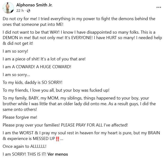 $!Alphonso Smith Jr. expresó en Facebook sus dificultades emocionales y su necesidad de recibir ayuda, en un mensaje dirigido a familiares y amigos.