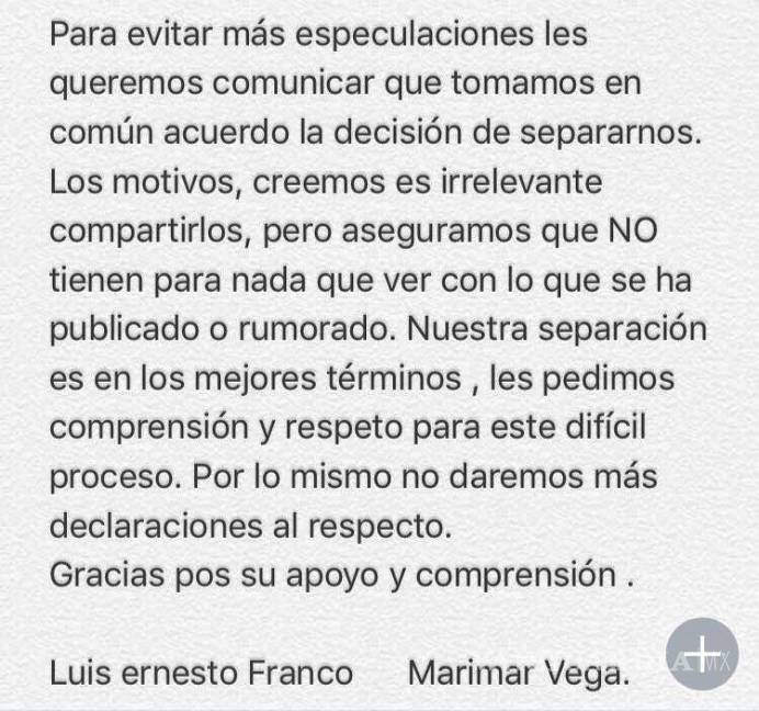 $!Marimar Vega y Luis Ernesto Franco confirman separación