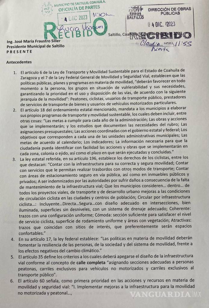 $!Una carta fue enviada al Municipio de Saltillo, para pedir que se rescate la ciclovía.