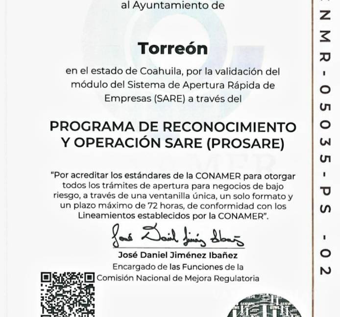 $!Torreón obtiene el certificado por apertura rápida de pequeñas empresas