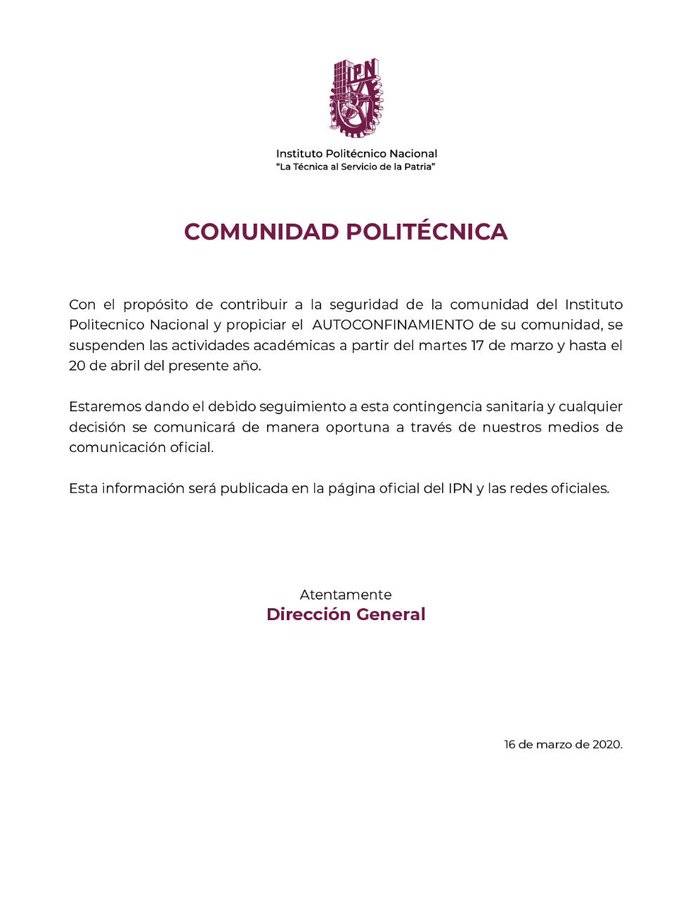 $!Politécnico Nacional y UAM se unen a suspensión de clases por coronavirus