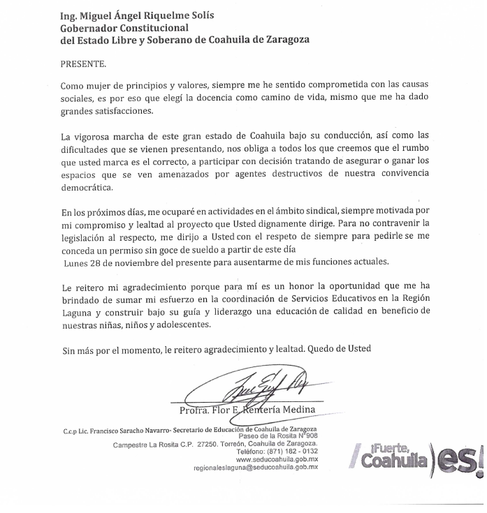 $!Carta que Flor Rentería para pedir separarse de su cargo.