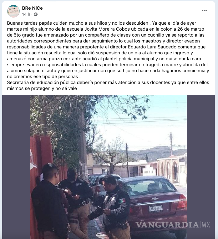 $!Madre de familia expone el caso mediante un grupo de Facebook, sobre presuntas amenazas entre compañeros en la escuela primaria de la colonia 26 de marzo.