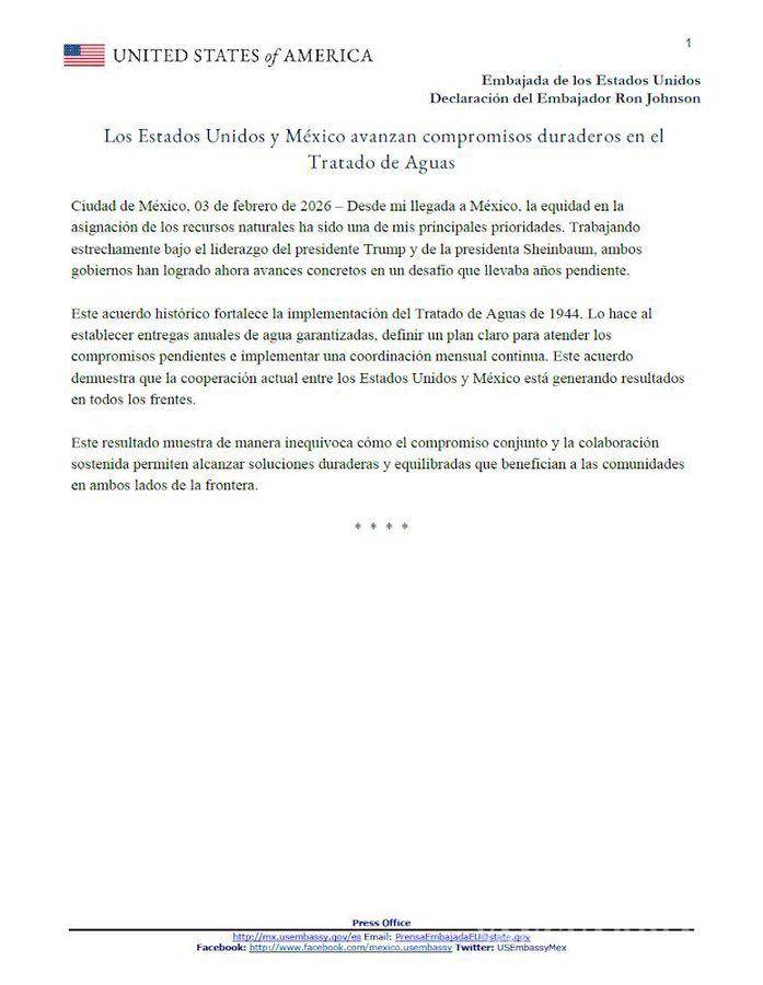 $!Embajador Ronald Johnson celebra acuerdo de México y EU sobre gestión de agua