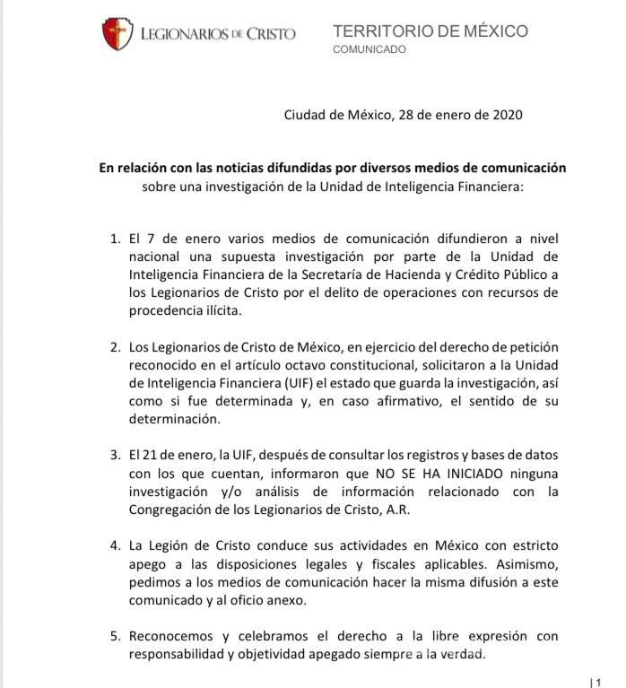 $!Legionarios de Cristo niegan que exista una investigación en su contra por parte de la Unidad de Inteligencia Financiera