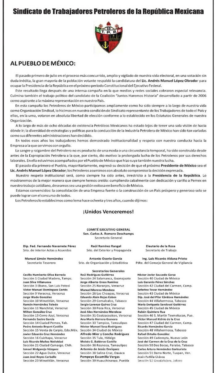 $!Romero Deschamps, símbolo de corrupción y saqueo a Pemex, reverencia al nuevo Gobierno de AMLO