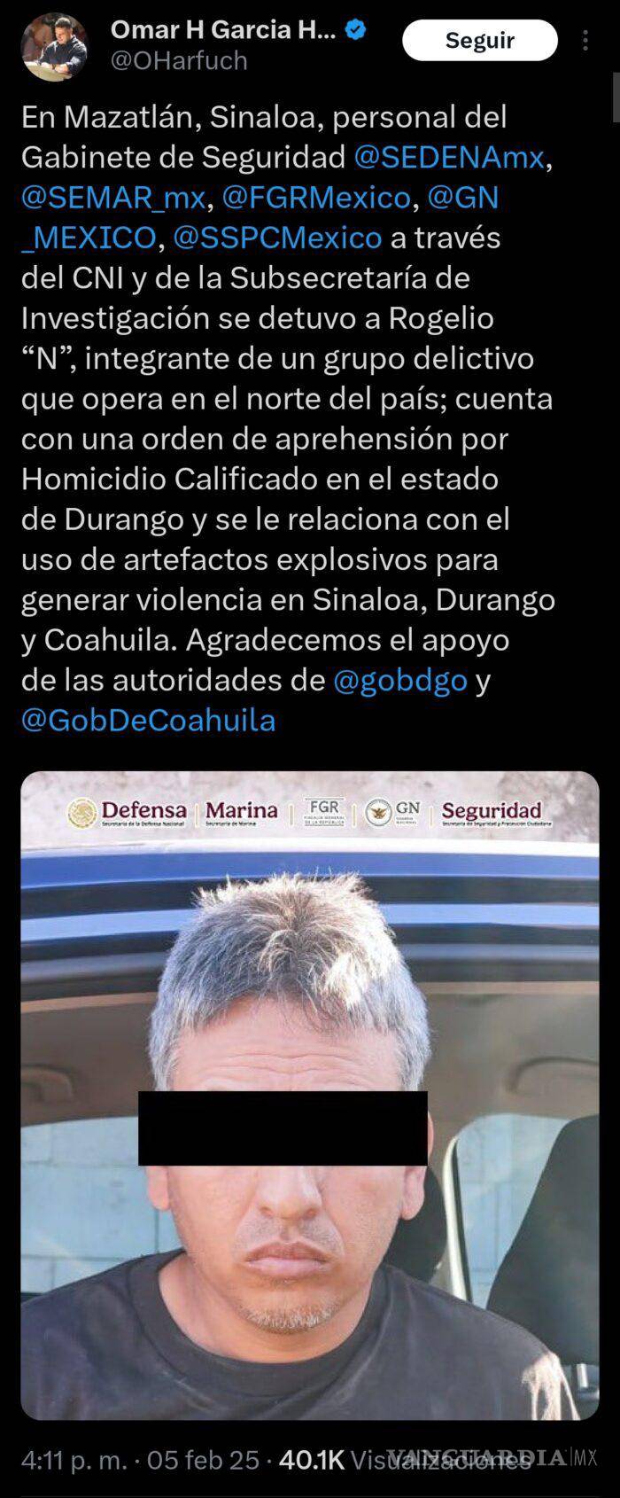 $!Cae ‘El Gato’, vinculado a hechos violentos con explosivos en Coahuila