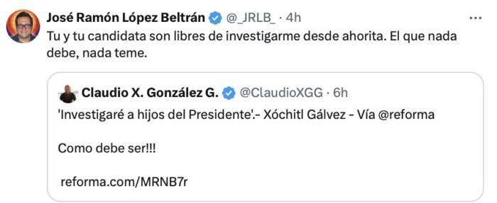 $!‘Tú y tu candidata son libres de investigarme’, hijo de AMLO reta a Claudio X. González