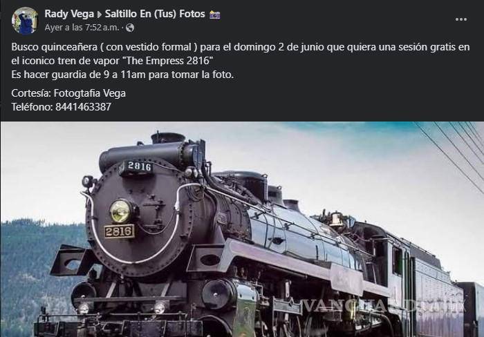 $!¡Urgente! Fotógrafo de Saltillo busca quinceañera para sesión gratuita con el tren de vapor