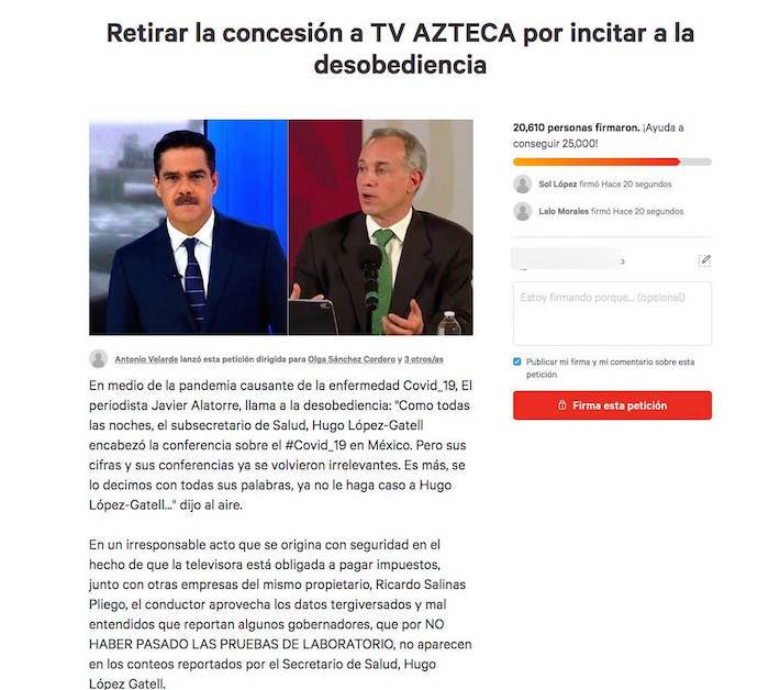 Petición para retirar concesión a Tv Azteca por 'llamar a la desobediencia' supera las 58 mil firmas
