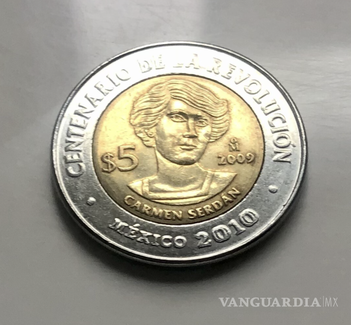 $!Moneda de 5 pesos conmemorativa de Carmen Serdán, emitida en 2009 por el Banco de México.