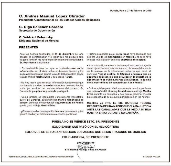 $!Madre de Martha Erika Alonso: Miguel Barbosa tiene “las manos manchadas de sangre”; le exige justicia a AMLO