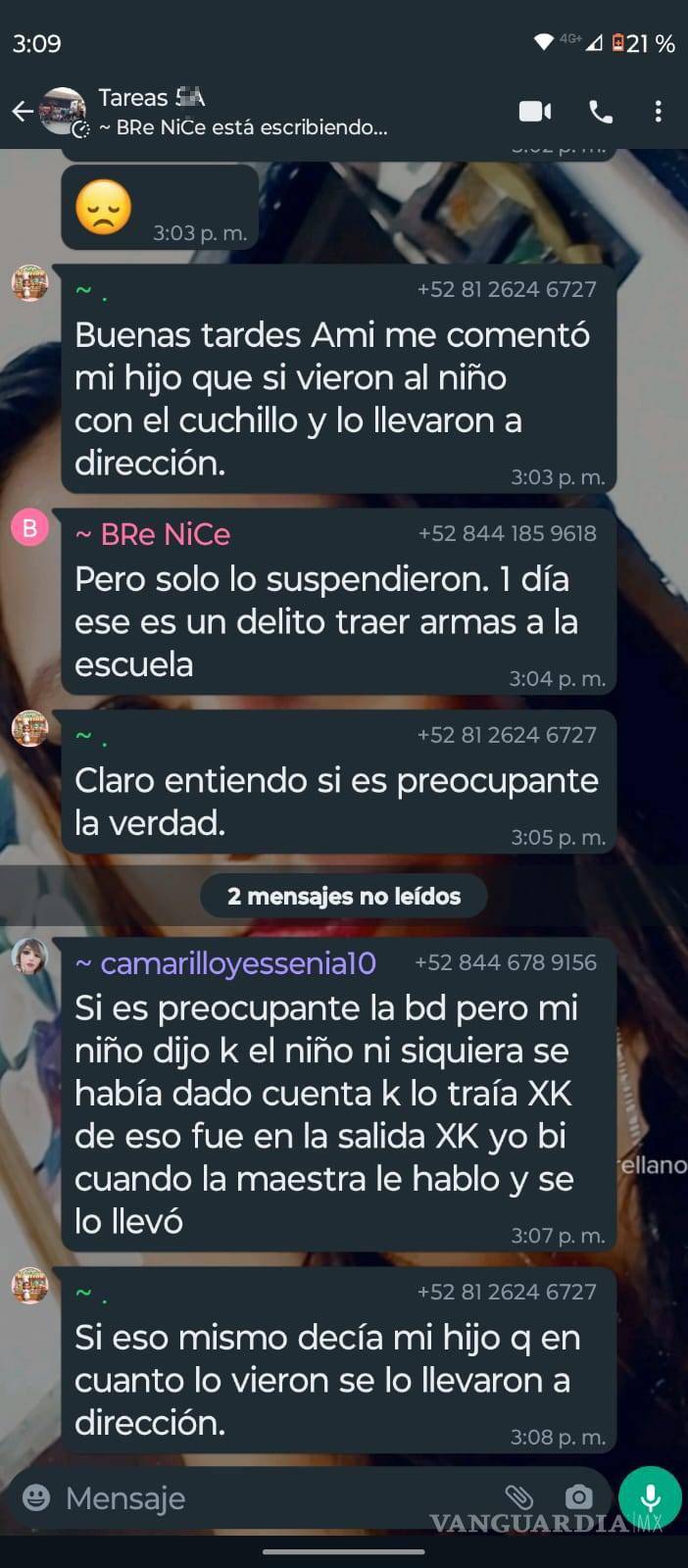 $!Captura de pantalla proporcionada por una madre de familia, donde se comienza a tratar el incidente mediante un grupo interno.