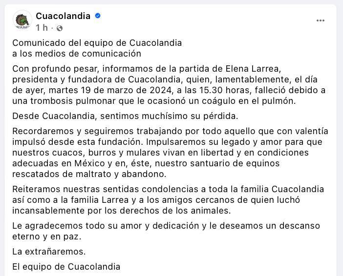 $!María Elena Larrea, activista fundadora de Cuacolandia, murió por esta razón