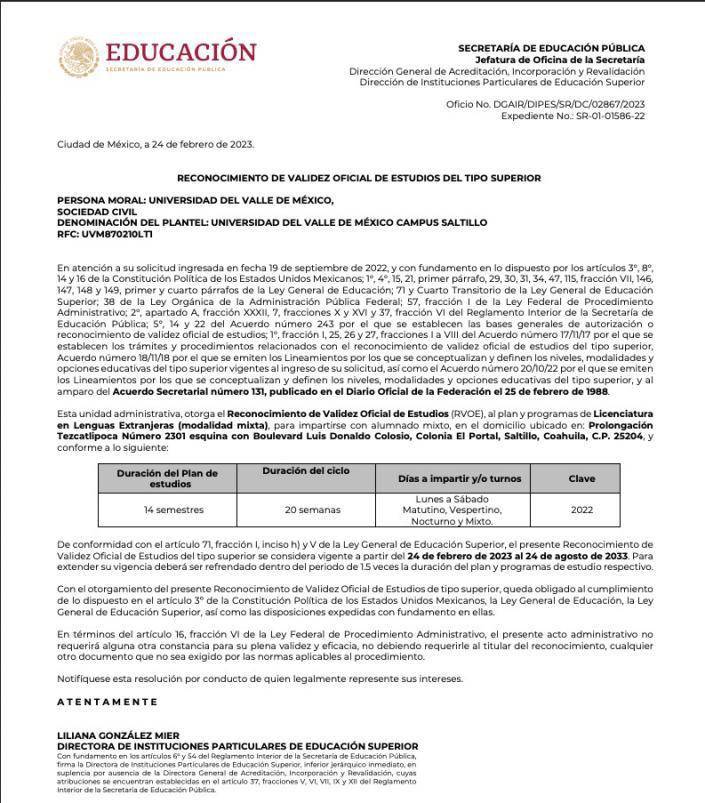 $!Documento que avala el RVOE de la Licenciatura en Lenguas Extranjeras.