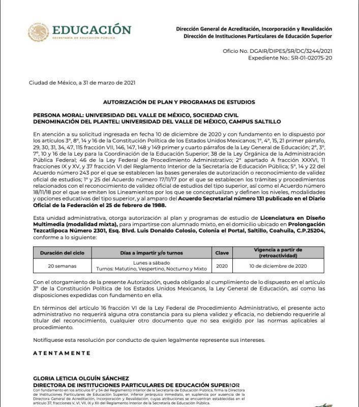 $!Documento que avala el RVOE de la Licenciatura en Diseño Multimedia.