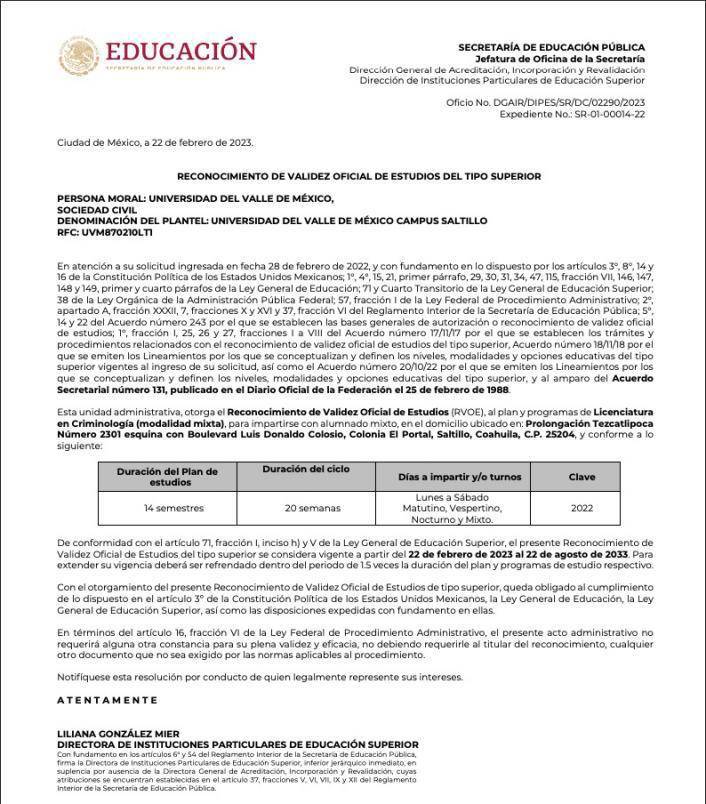 $!Documento que avala el RVOE de la carrera de la Licenciatura en Criminología