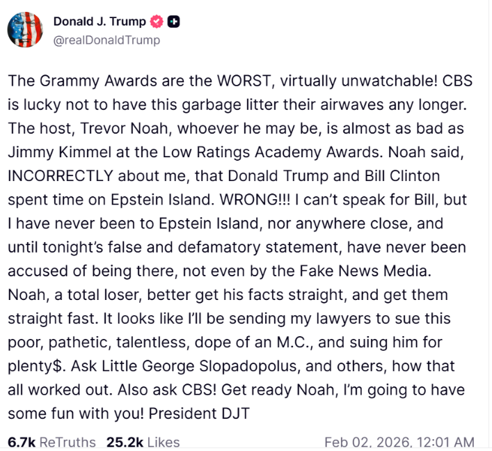 $!Trump amenaza con demandar a Trevor Noah tras comentario sobre Epstein durante los Grammy