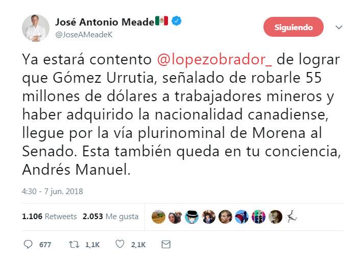 $!"Esta también queda en tu conciencia, Andrés Manuel", Meade critica candidatura de Gómez Urrutia