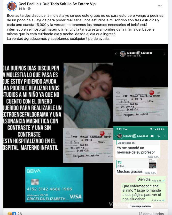 $!La familia ha recurrido a las redes sociales para compartir su historia y solicitar ayuda económica de la comunidad en su lucha por el bienestar de su pequeño.