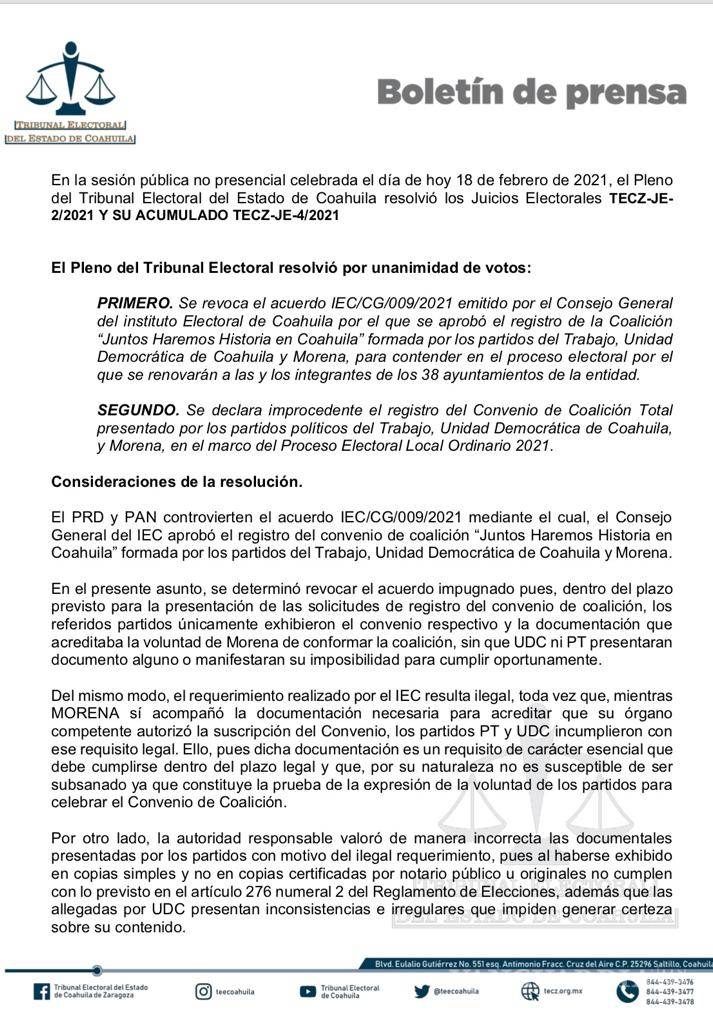 $!Tribunal Electoral da revés a coalición de Morena-UDC-PT en Coahuila