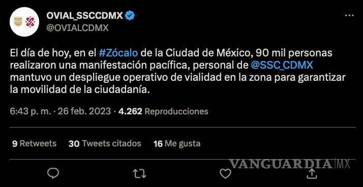 $!No fueron 500 mil sino 90 mil personas en concentración por el INE, según gobierno de la CDMX