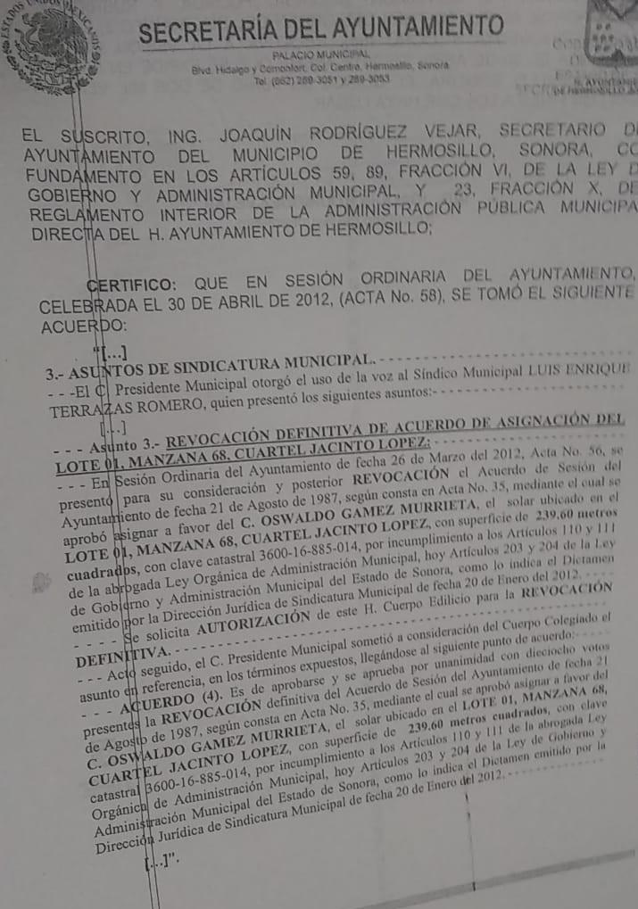 $!Copia del acta oficial donde se revocó la propiedad a Osbaldo Gámez Murrieta, esposo de Verónica Luna Meza.