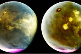 Cuatro fotos en una de Marte tomadas por la sonda Maven de la NASA, que ha estado orbitando el planeta rojo desde 2014. Maven ya no existe; la NASA la acaba de declarar fuera de servicio.