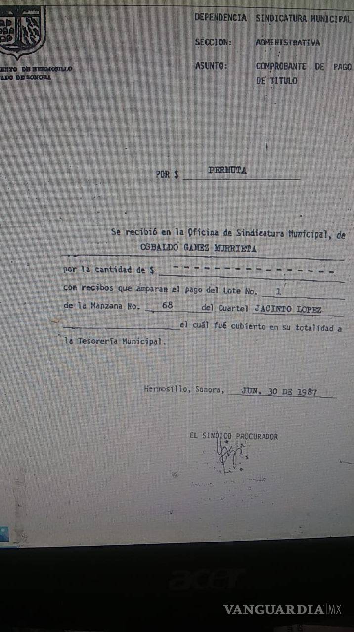 $!Comprobante de pago de título al ayuntamiento de Hermosillo de Osbaldo Gámez Murrieta.