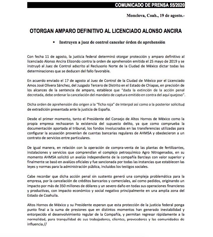 $!Otorgan amparo definitivo a Alonso Ancira, dueño de AHMSA