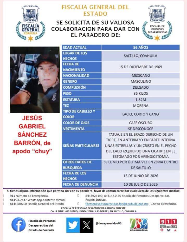 $!A través de las redes sociales de la propia fiscalía, se compartió la ficha de búsqueda de Jesús Gabriel.