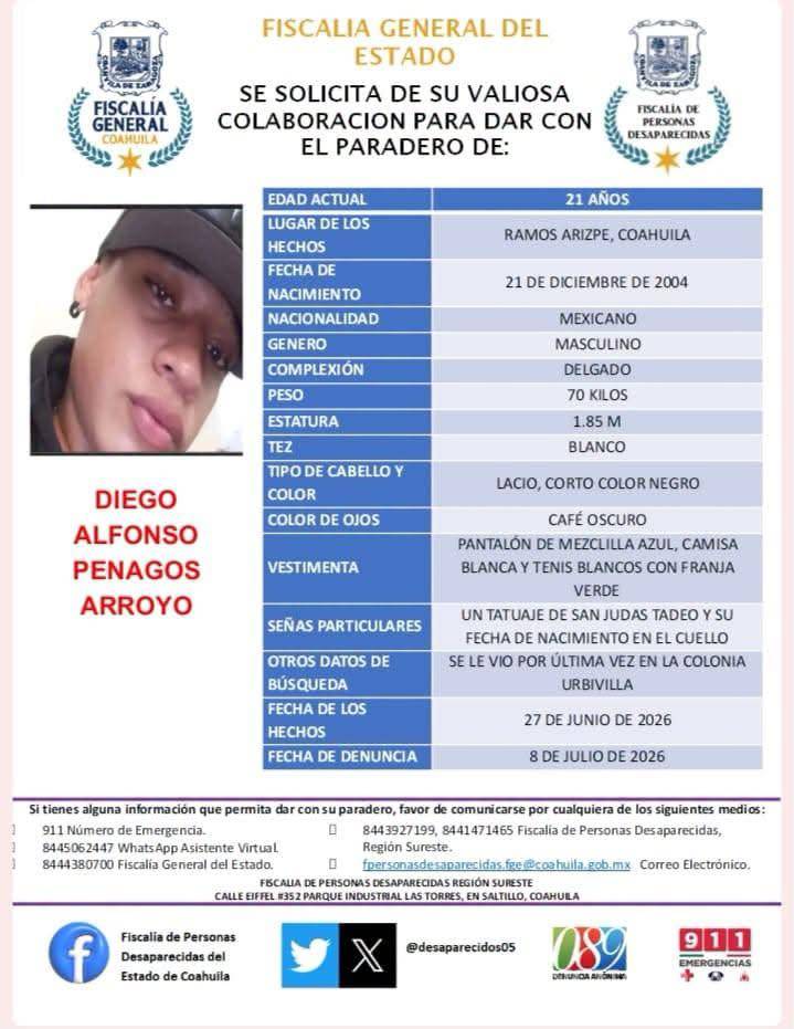 $!Diego Alfonso, un joven de 21 años de edad, fue visto por última vez en la colonia Urbivilla, en Ramos Arizpe.