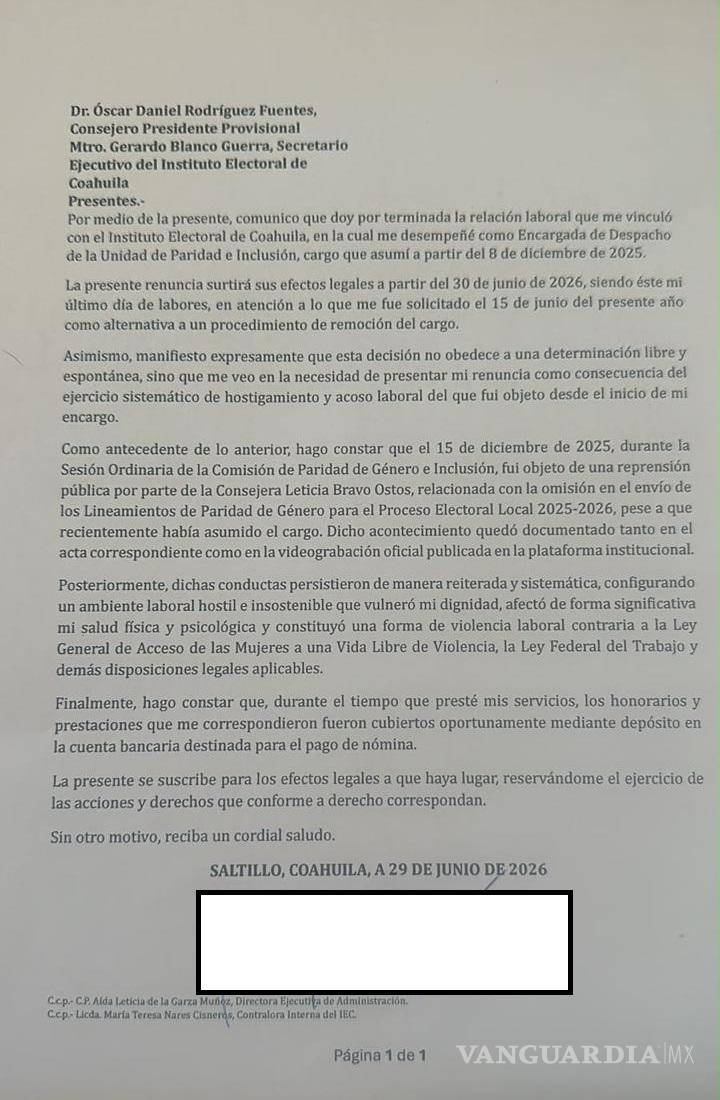 $!Esta es la carta presentada por Mónica Ortiz, quien se desempeñaba como titular de la Unidad de Paridad e Inclusión del IEC.