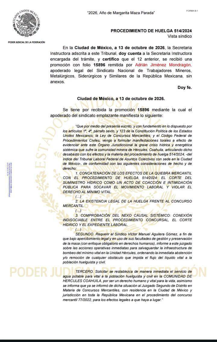 $!La representación gremial del Sindicato Minero solicitó proteger el bombeo en la planta de Hércules y restablecer el suministro para trabajadores y sus habitantes.