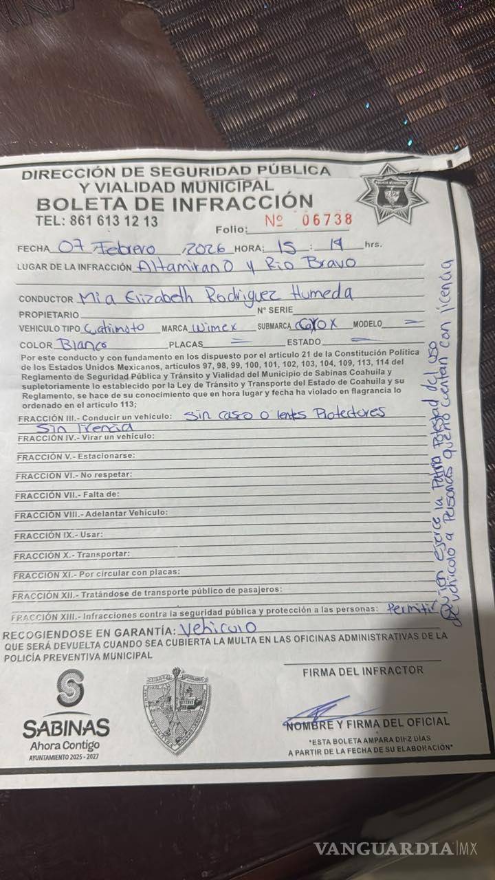 $!La boleta de infracción emitida por el Ayuntamiento de Sabinas contra una niña de 9 años se viralizó y generó fuertes críticas por presunto abuso de autoridad.