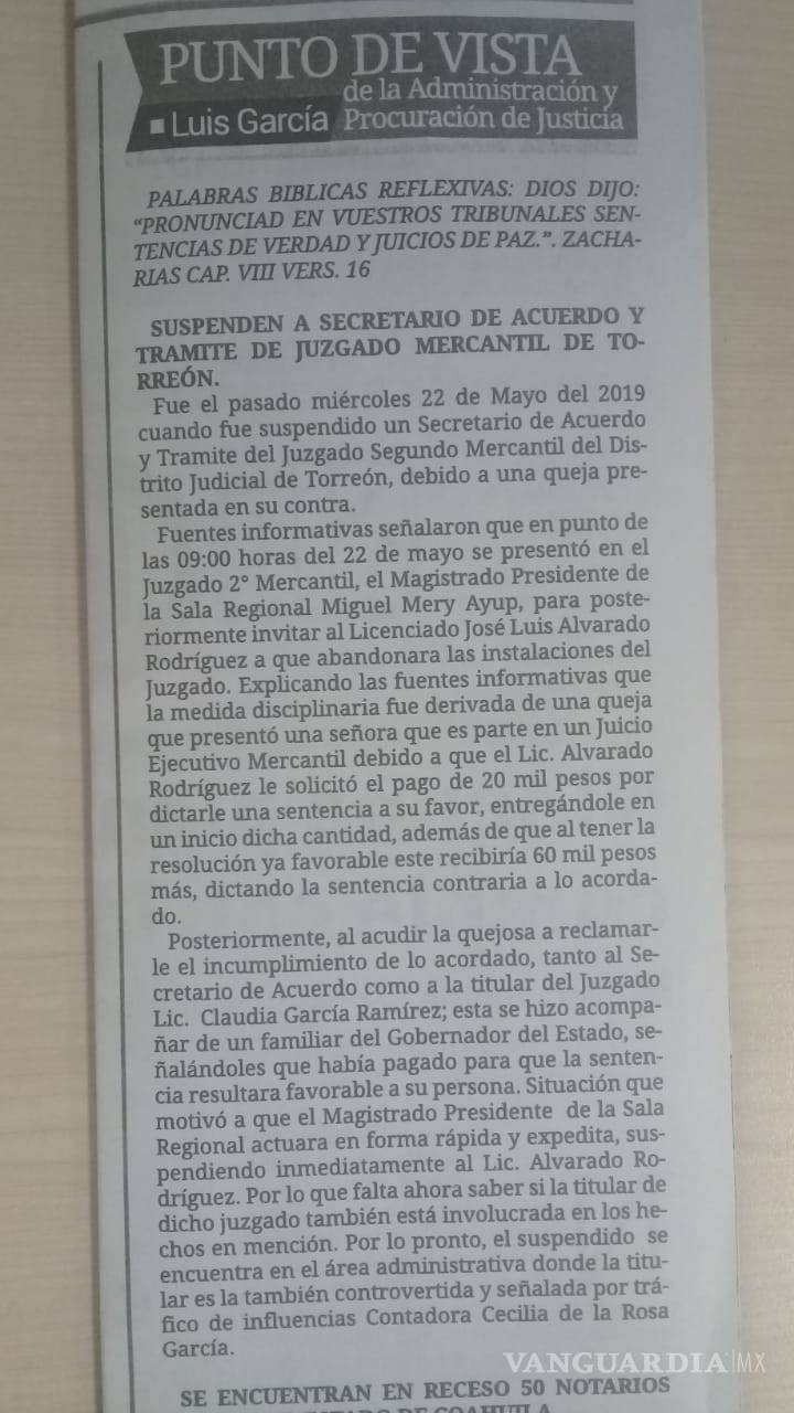 $!Suspenden por corrupción a Secretario del Juzgado Segundo Mercantil en Torreón