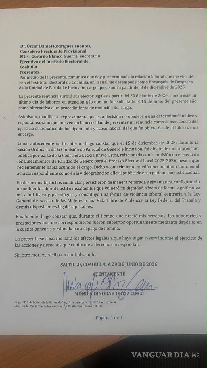$!Carta de renuncia de Mónica Ortiz Cinco donde denuncia un ejercicio sistemático de hostigamiento y acoso laboral.